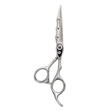 A pair of professional curved hairdressing scissors made from high-quality Japanese stainless steel with a matte silver finish, featuring a fixed finger rest and an adjustable screw.