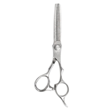 A pair of professional thinning scissors with a silver damascus pattern.