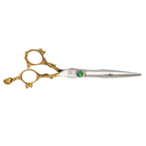 A pair of professional hairdressing scissors with a polished silver finish, featuring convex edge blades and a fixed finger rest.