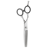 A pair of left-handed professional thinning scissors with a polished finish, featuring beveled edge blades and a fixed screw mechanism.