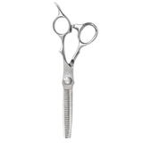 A pair of professional thinning scissors with a silver damascus pattern.