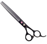 A pair of matt black, professional pet hair thinning scissors with wider teeth and a fixed finger rest.