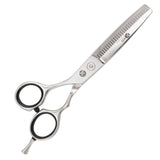 A pair of left-handed professional thinning scissors with a polished finish, featuring beveled edge blades and a fixed screw mechanism.