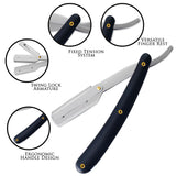 A black plastic handle single blade straight razor with the brand name 'K5' inscribed on the metal part.