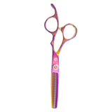 A pair of professional multicolor thinning scissors with a dragon design on the handle.