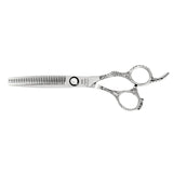 A professional silver-thrusted thinning scissors with a fixed finger rest and beveled edge blade.