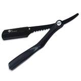 A black single blade razor with a twisted plastic handle and a straight razor blade.
