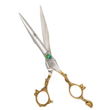 A pair of professional hairdressing scissors with a polished silver finish, featuring convex edge blades and a fixed finger rest.