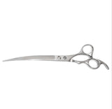 A pair of silver chrome curved upward pet grooming scissors with a fixed finger rest and a screw.