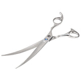 A pair of silver chrome curved upward pet grooming scissors with a fixed finger rest and a screw.