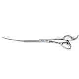 A pair of silver chrome curved upward pet grooming scissors with a fixed finger rest and a screw.