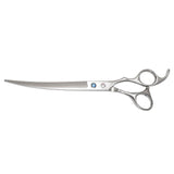 A pair of silver chrome curved upward pet grooming scissors with a fixed finger rest and a screw.