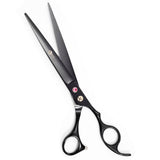 Matt black pet grooming straight scissors with convex edge, featuring a fixed finger rest and a screw for tension adjustment.
