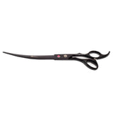 A pair of curved upward pet grooming scissors with a matt black finish, made from high-quality Japanese stainless steel.