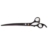 A pair of curved upward pet grooming scissors with a matt black finish, made from high-quality Japanese stainless steel.