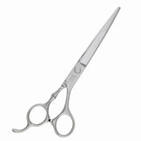A pair of silver chrome hairdressing scissors with convex edge blades and an adjustable finger rest.