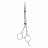 A pair of silver chrome hairdressing scissors with convex edge blades and an adjustable finger rest.