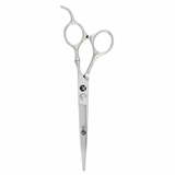 A pair of silver chrome hairdressing scissors with convex edge blades and an adjustable finger rest.