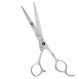 A pair of silver chrome hairdressing scissors with convex edge blades and an adjustable finger rest.