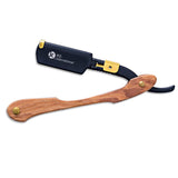 A wooden handle straight black razor with a curved blade, featuring a black and gold color scheme and a branded strap.