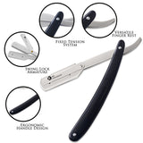 A straight razor with a black plastic handle and a metal blade, with the brand 'K5 International Barber Products' visible on the handle.