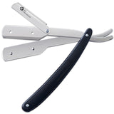 A straight razor with a black plastic handle and a metal blade, with the brand 'K5 International Barber Products' visible on the handle.