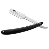 A straight razor with a black plastic handle and a metal blade, with the brand 'K5 International Barber Products' visible on the handle.