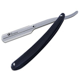 A straight razor with a black plastic handle and a metal blade, with the brand 'K5 International Barber Products' visible on the handle.