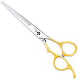 A pair of professional Royal Class hairdressing scissors with a polished silver finish and gold-colored rings.