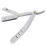 A professional single blade razor with a metal handle, featuring a cut throat razor design with hearts in the handle.