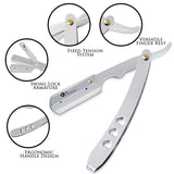 A professional single blade razor with a metal handle, featuring a cut throat razor design with hearts in the handle.