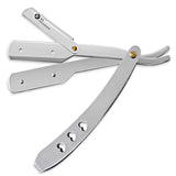 A professional single blade razor with a metal handle, featuring a cut throat razor design with hearts in the handle.