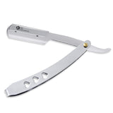 A professional single blade razor with a metal handle, featuring a cut throat razor design with hearts in the handle.