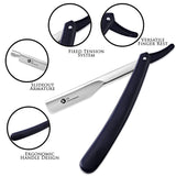 Professional single blade straight razor with a black handle and a metal head.