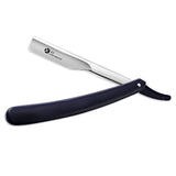 Professional single blade straight razor with a black handle and a metal head.