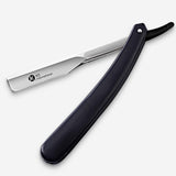 Professional single blade straight razor with a black handle and a metal head.