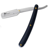 A black plastic handle single blade straight razor with the brand name 'K5' inscribed on the metal part.