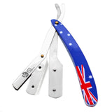 An Australian flag-themed straight razor with a metal handle and a single curved blade.
