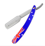 An Australian flag-themed straight razor with a metal handle and a single curved blade.