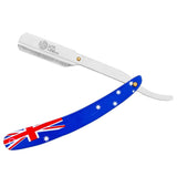 An Australian flag-themed straight razor with a metal handle and a single curved blade.