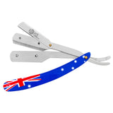 An Australian flag-themed straight razor with a metal handle and a single curved blade.