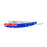 An Australian flag-themed straight razor with a metal handle and a single curved blade.