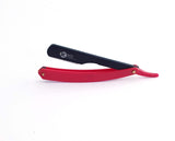 A red handle straight slider razor with a black blade, branded with the K5 logo.