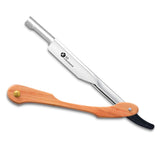 Straight Slider Single Blade Razor with a brown wooden handle and a metal head.