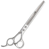 A pair of professional pet hair thinning scissors with a silver chrome finish and convex edge blades.