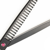 A pair of matt black, professional pet hair thinning scissors with wider teeth and a fixed finger rest.