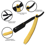 A straight razor with a gold handle and a black-colored head.