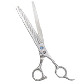 A pair of professional pet hair thinning scissors with a silver chrome finish and convex edge blades.