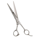 A pair of professional SUS 440c hairdressing scissors with a polished silver finish and convex edge blades.