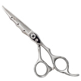 A pair of professional curved hairdressing scissors made from high-quality Japanese stainless steel with a matte silver finish, featuring a fixed finger rest and an adjustable screw.
